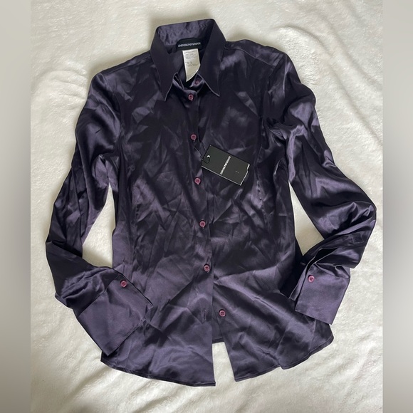 Emporio Armani Dark Eggplant Purple Satin Silk Button Down Blouse - Picture 1 of 9